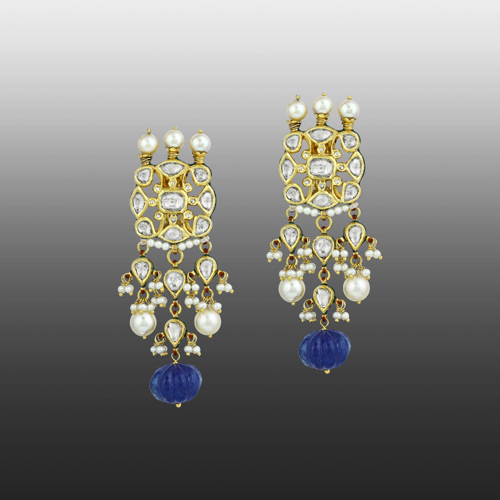 Polki Earring with Carved Blue Bead and Pearl Drops